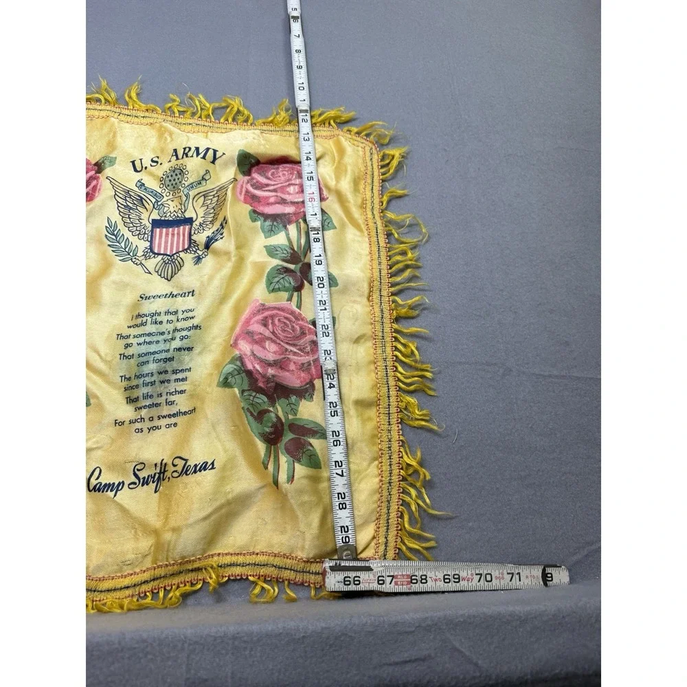 VTG US Army Sweetheart Rose Fringed Satin Pillowcase Cover Fort Swift Texas
